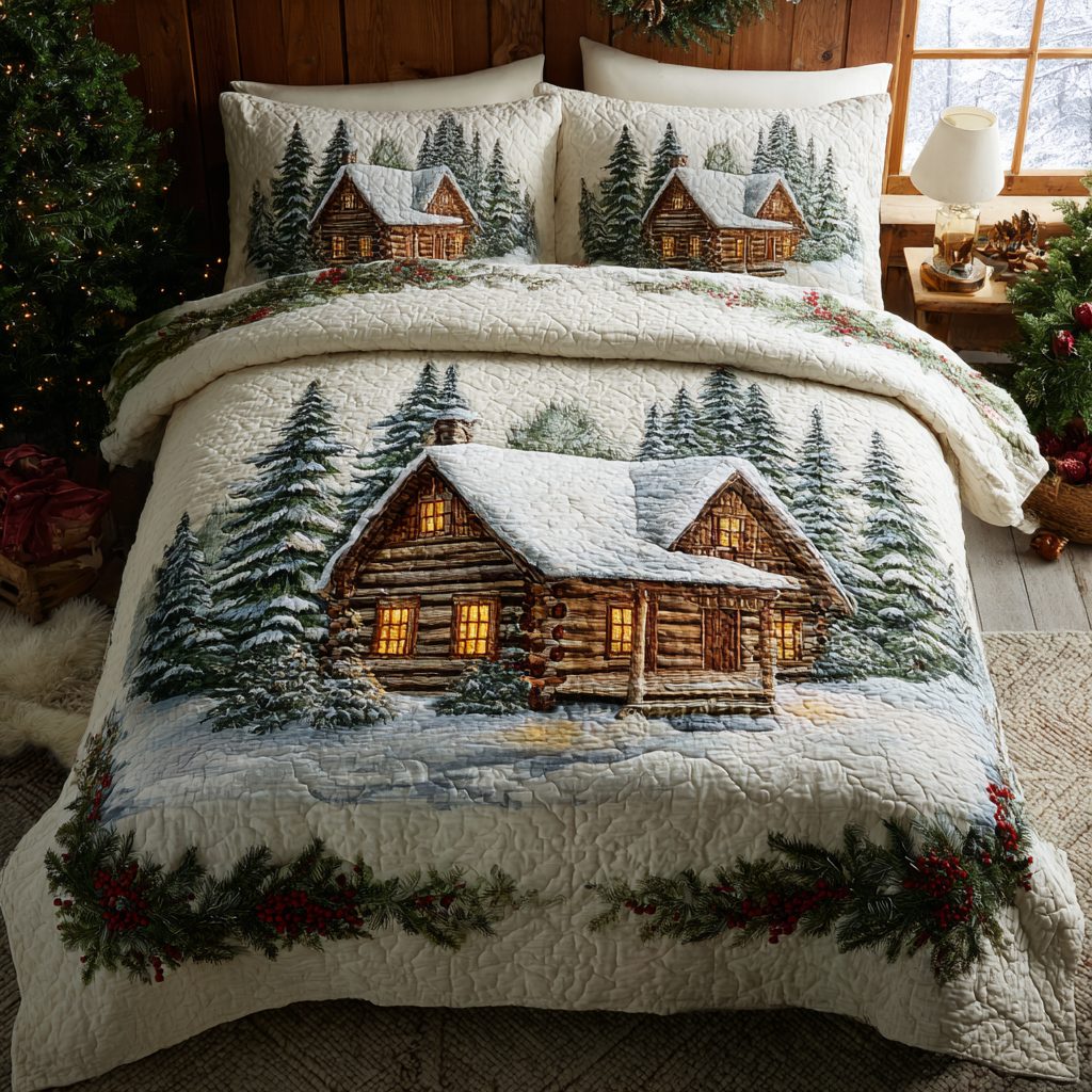 Cabin Glow quilted 3-piece bedding set on a made bed with two matching pillow shams