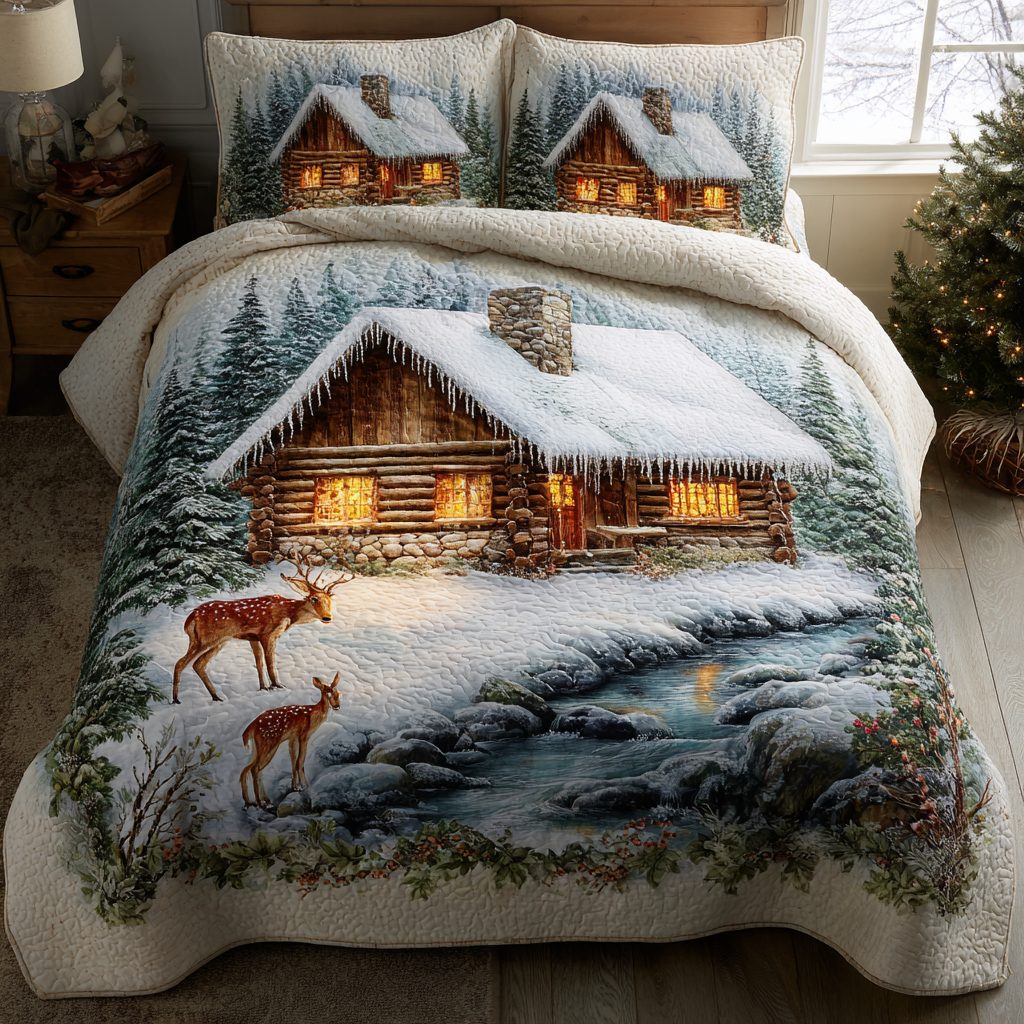 Cabin Glow quilted 3-piece bedding set on a made bed with two matching pillow shams