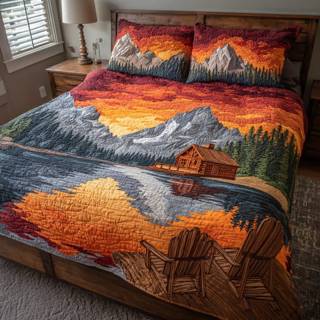 Cabin Reflections quilted 3-piece bedding set on a made bed with two matching pillow shams