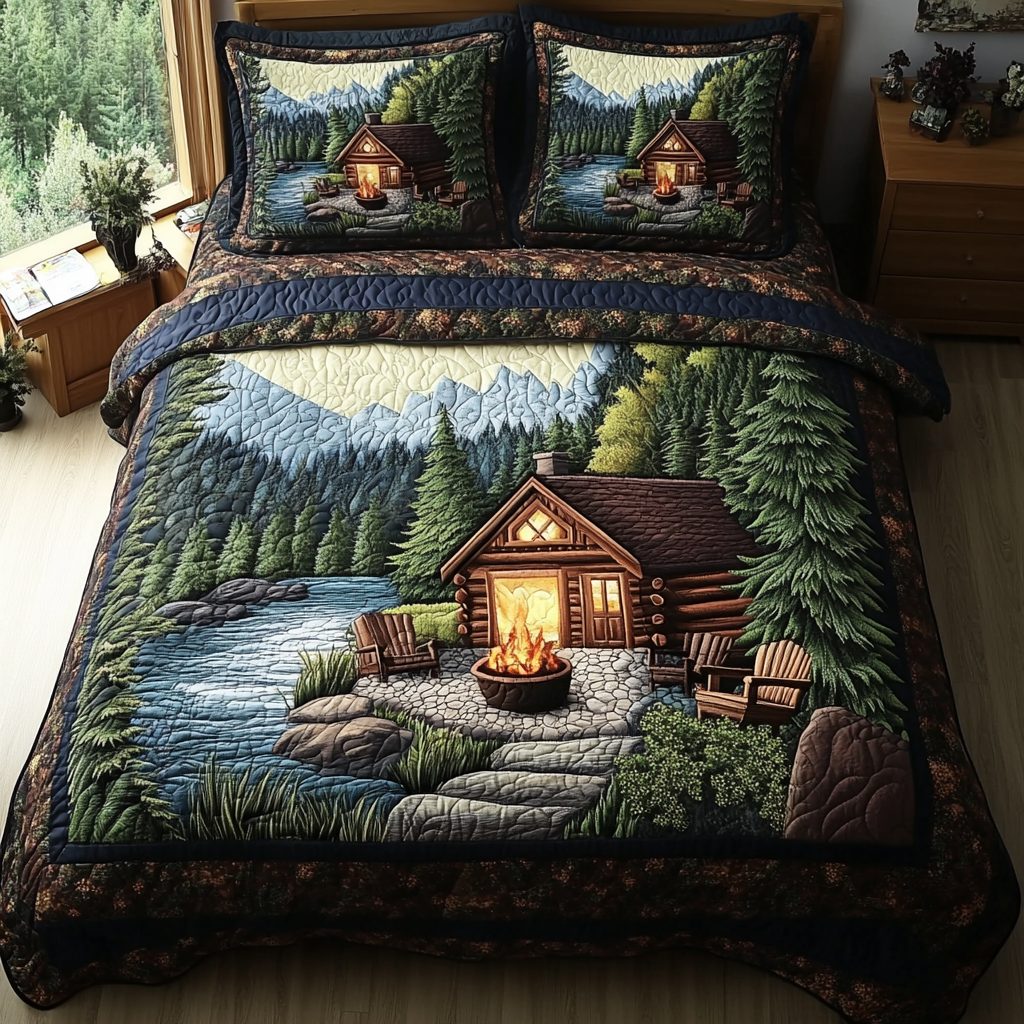 Cabin Retreat quilted 3-piece bedding set on a made bed with two matching pillow shams