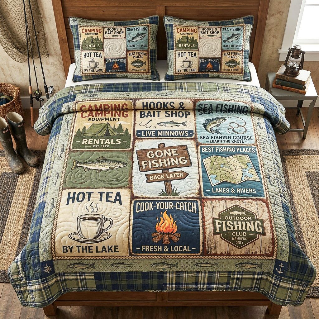 Cabin Stories quilted 3-piece bedding set on a made bed with two matching pillow shams
