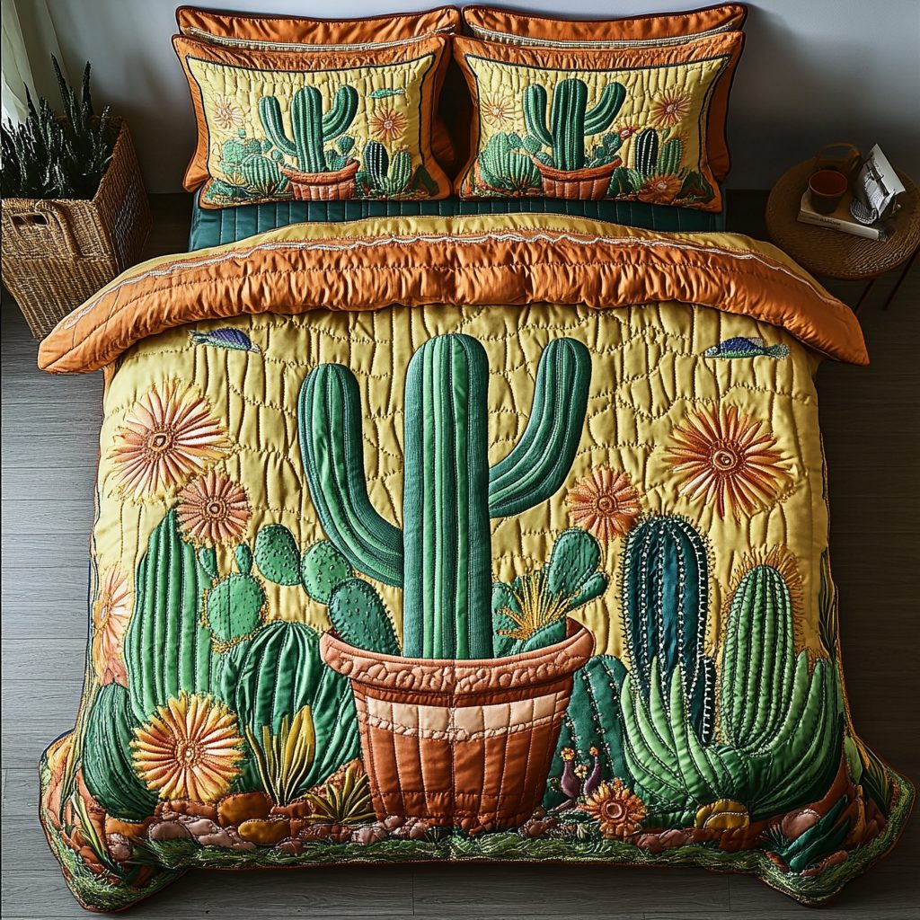 Cactus Blaze quilted 3-piece bedding set on a made bed with two matching pillow shams