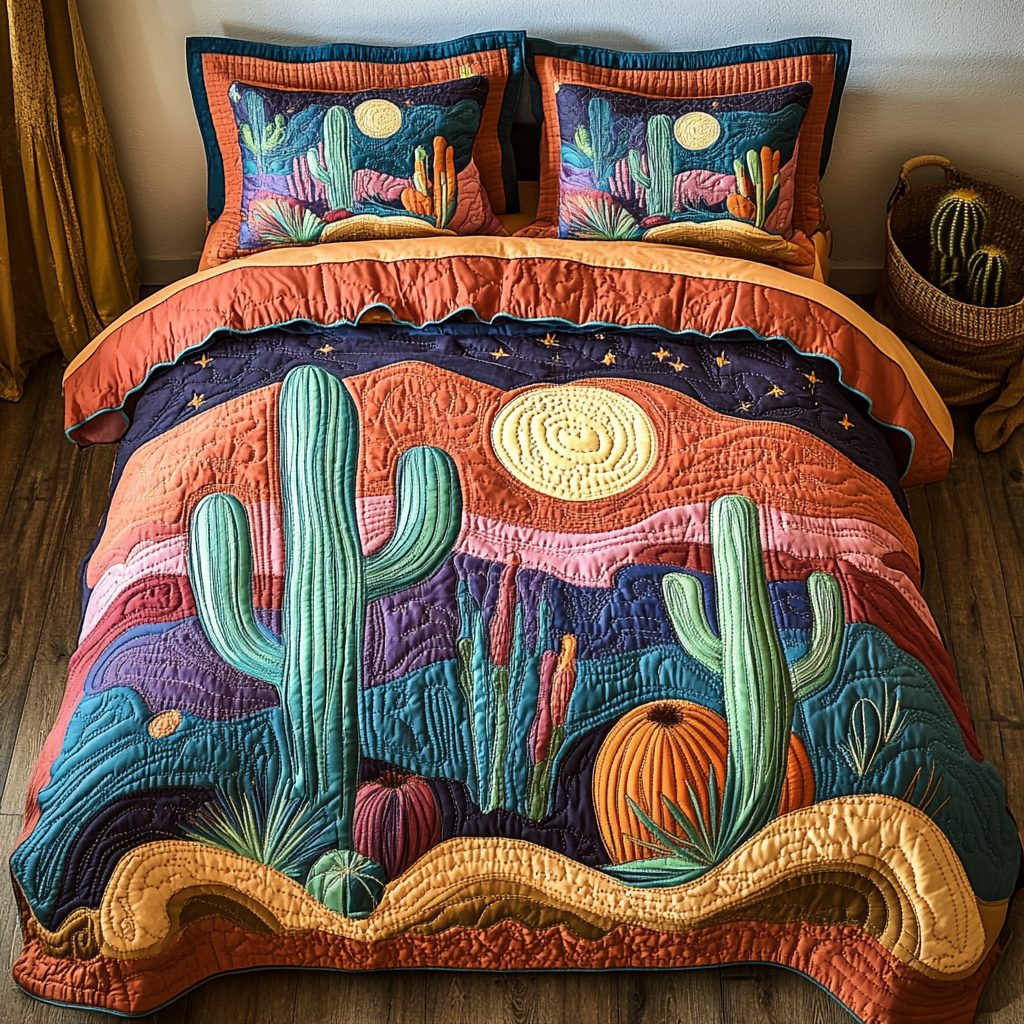 Cactus Bloom quilted 3-piece bedding set on a made bed with two matching pillow shams