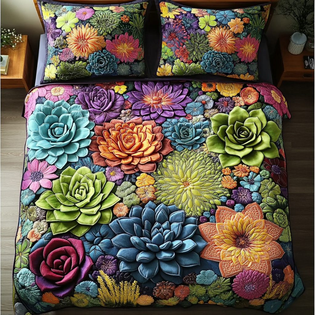 Cactus Charm quilted 3-piece bedding set on a made bed with two matching pillow shams