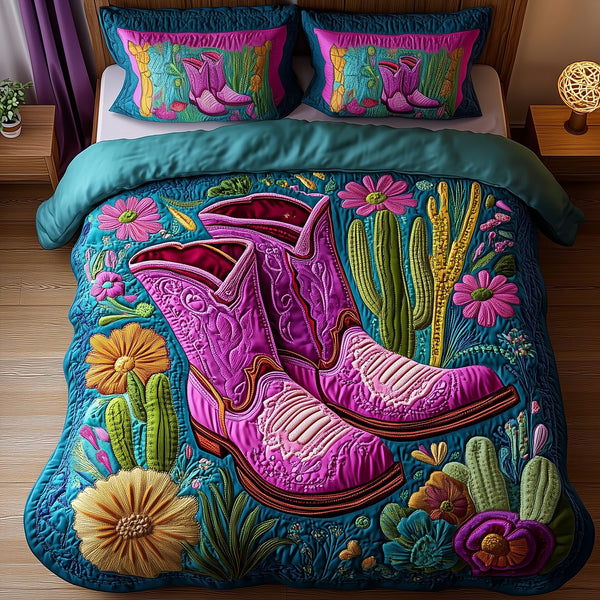 Cactus Cowboy Boot quilted 3-piece bedding set on a made bed in a rustic timber bedroom