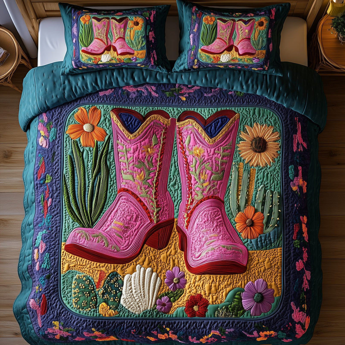 Cactus Cowboy Boot quilted 3-piece bedding set on a made bed in a rustic timber bedroom