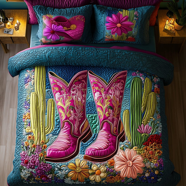 Cactus Cowboy Boot quilted 3-piece bedding set on a made bed in a rustic timber bedroom