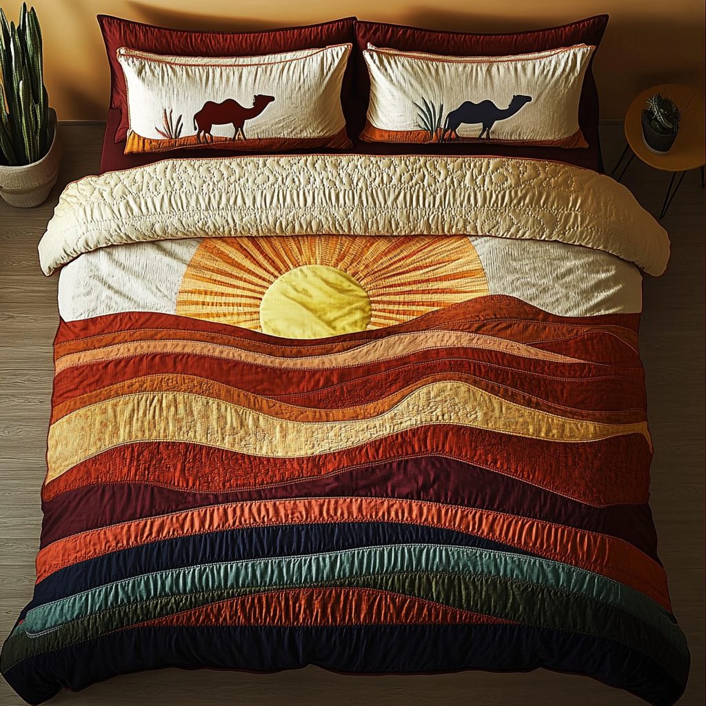 Cactus Dream quilted 3-piece bedding set on a made bed with two matching pillow shams