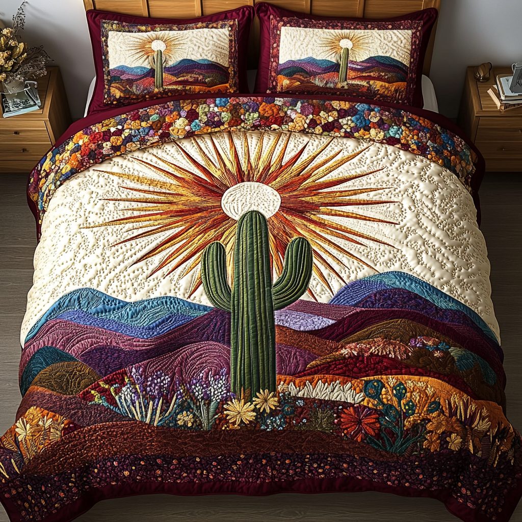 Cactus Dream quilted 3-piece bedding set on a made bed with two matching pillow shams