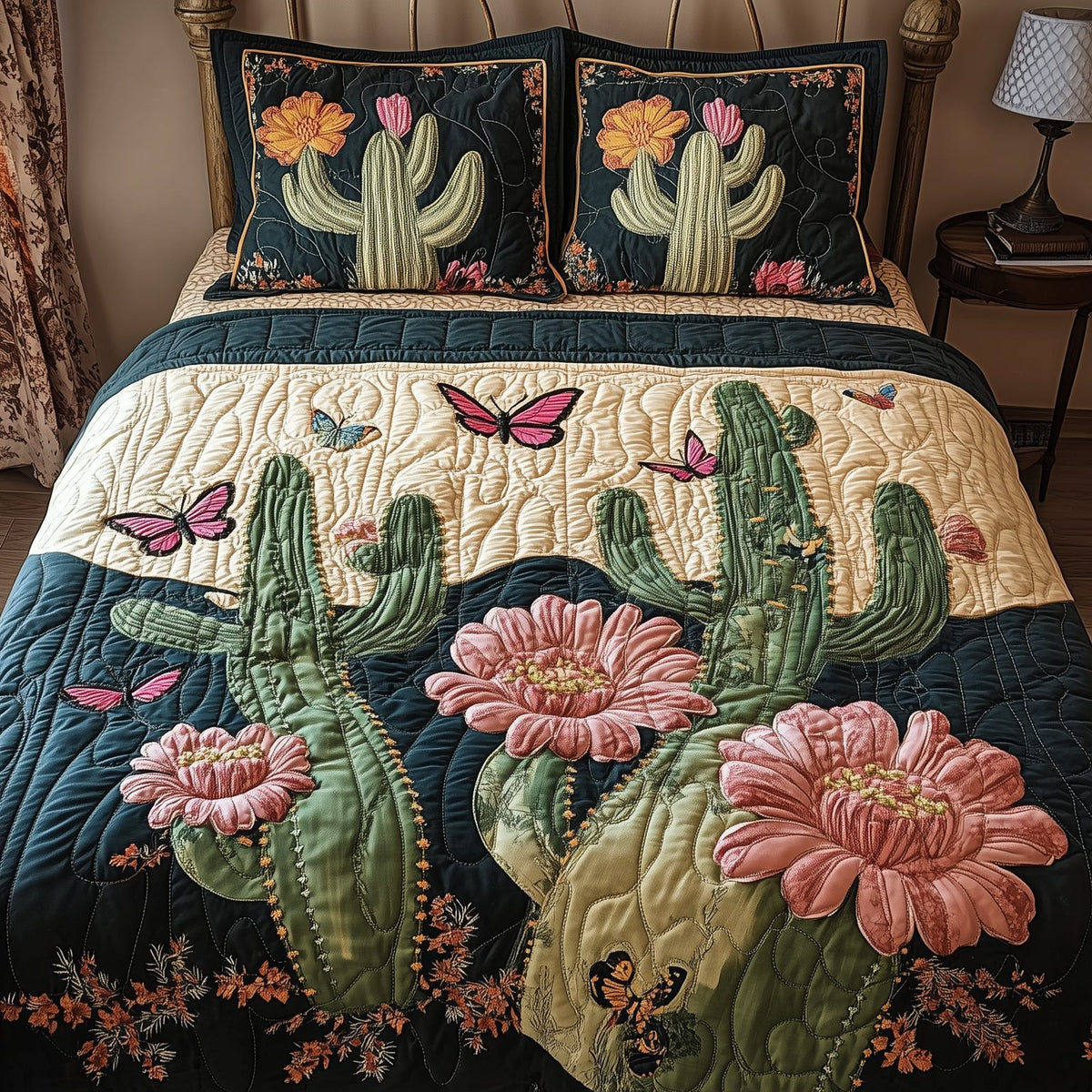 Cactus Dreamer quilted 3-piece bedding set on a made bed with two matching pillow shams