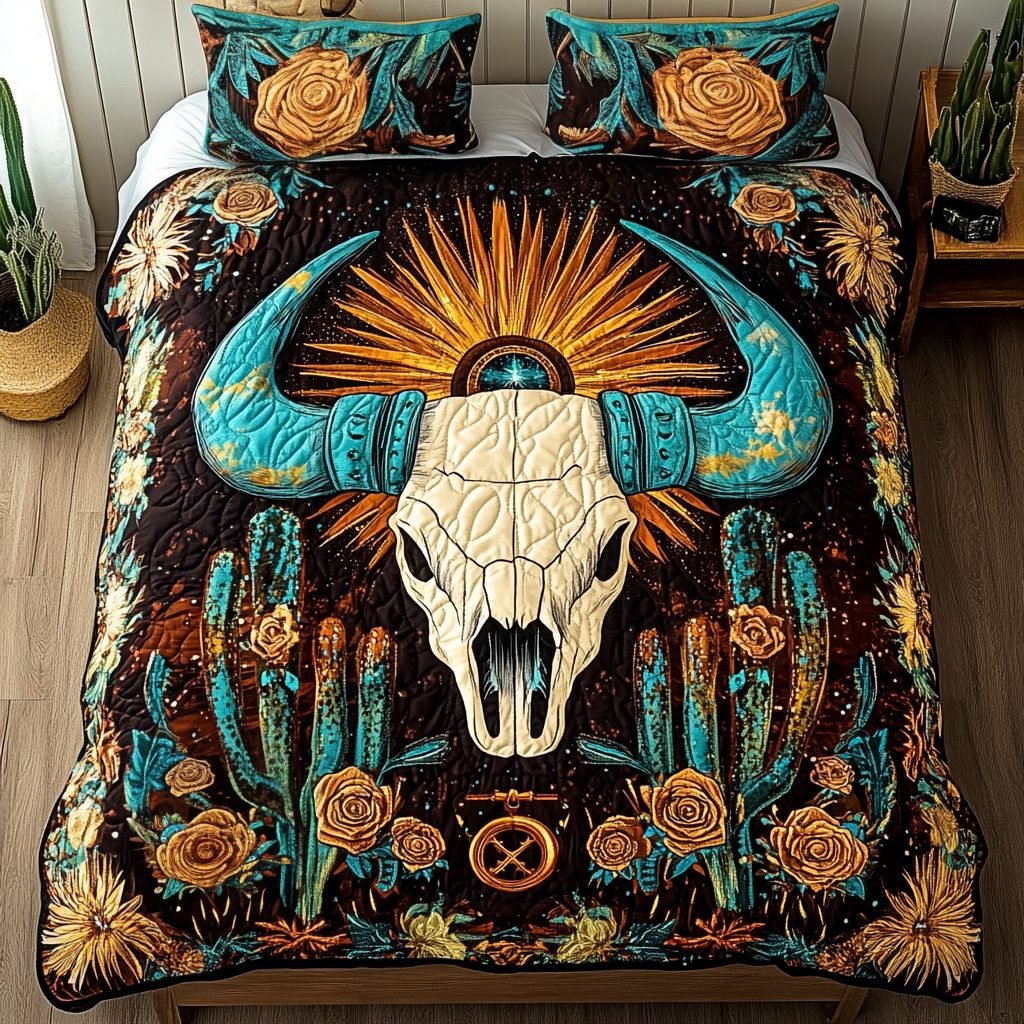 Cactus Dreams quilted 3-piece bedding set on a made bed with two matching pillow shams