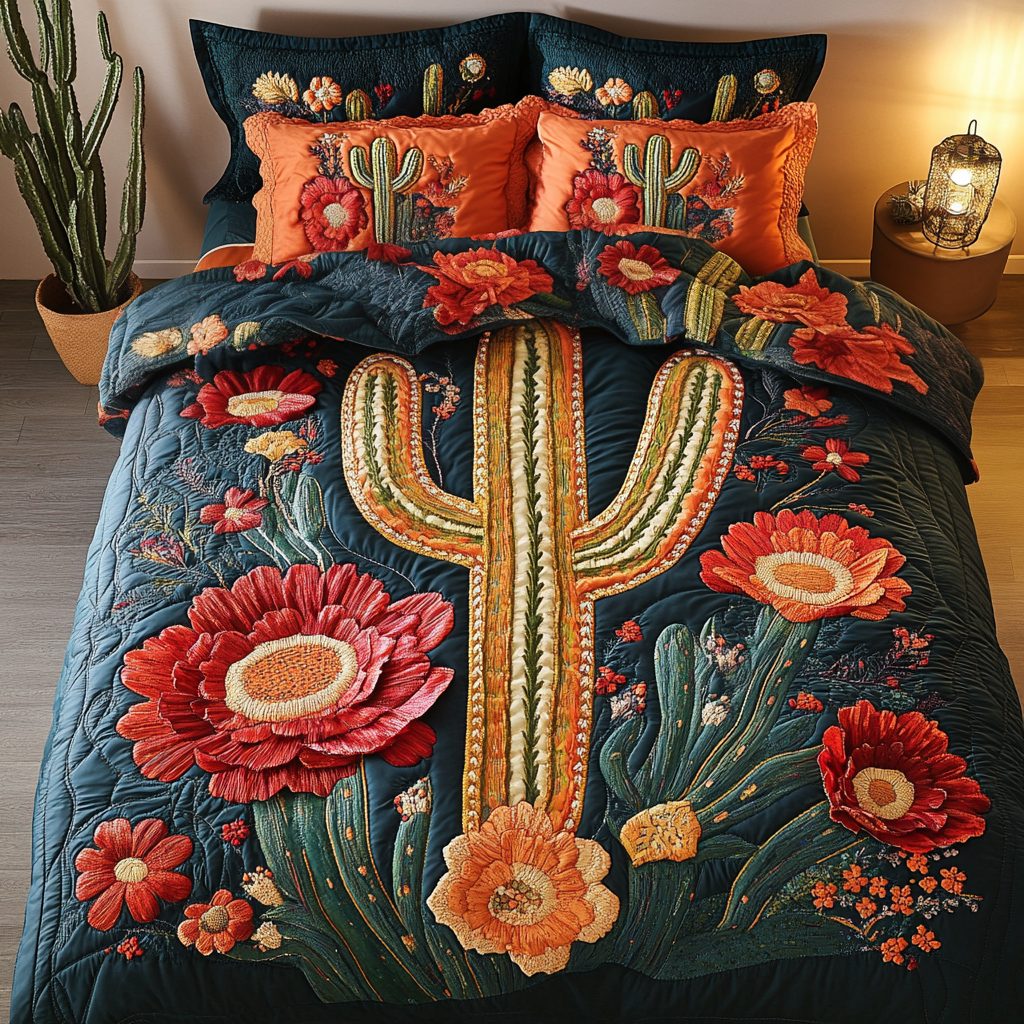 Cactus Dreams quilted 3-piece bedding set on a made bed with two matching pillow shams