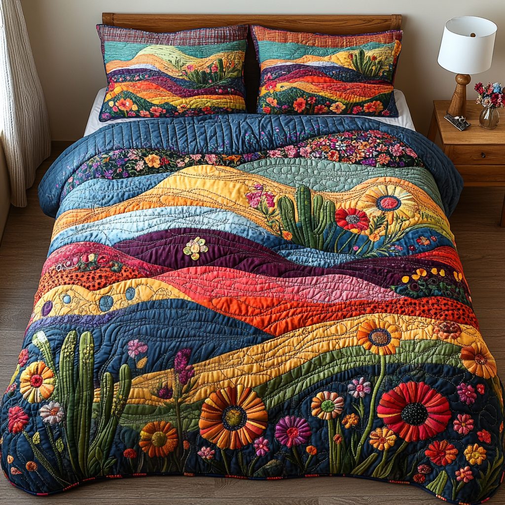 Cactus Field quilted 3-piece bedding set on a made bed with two matching pillow shams