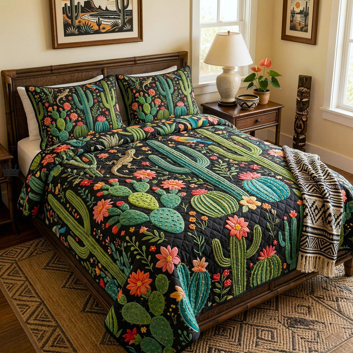 Cactus Garden quilted 3-piece bedding set on a made bed with two matching pillow shams