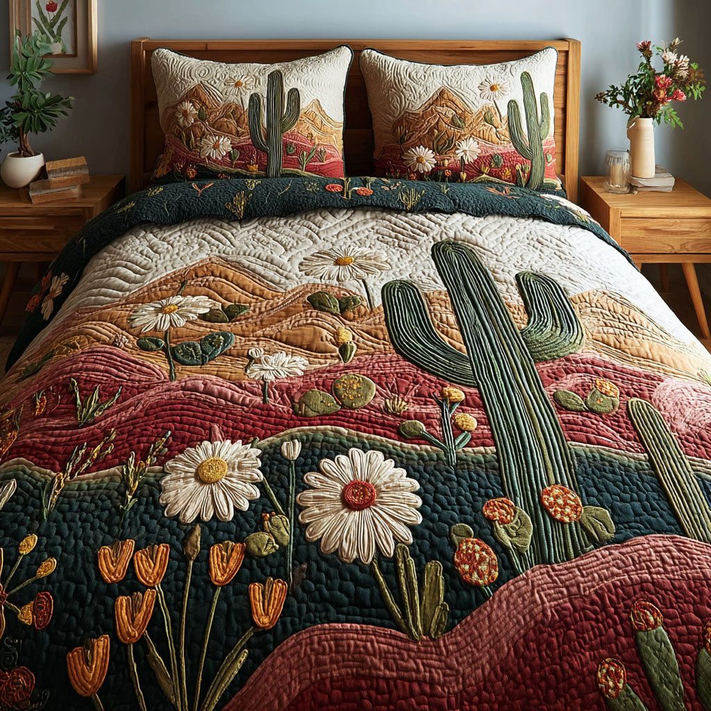 Cactus Garden quilted 3-piece bedding set on a made bed with two matching pillow shams