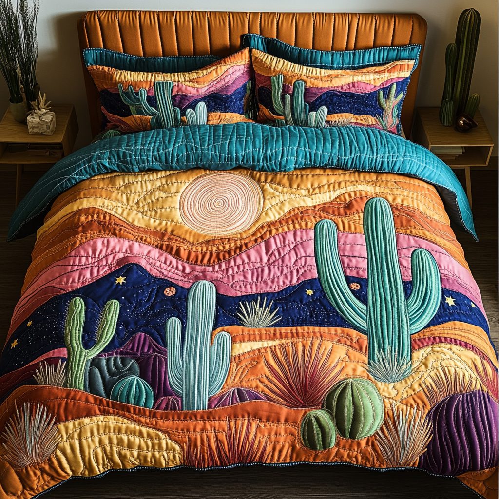 Cactus Garden quilted 3-piece bedding set on a made bed with two matching pillow shams