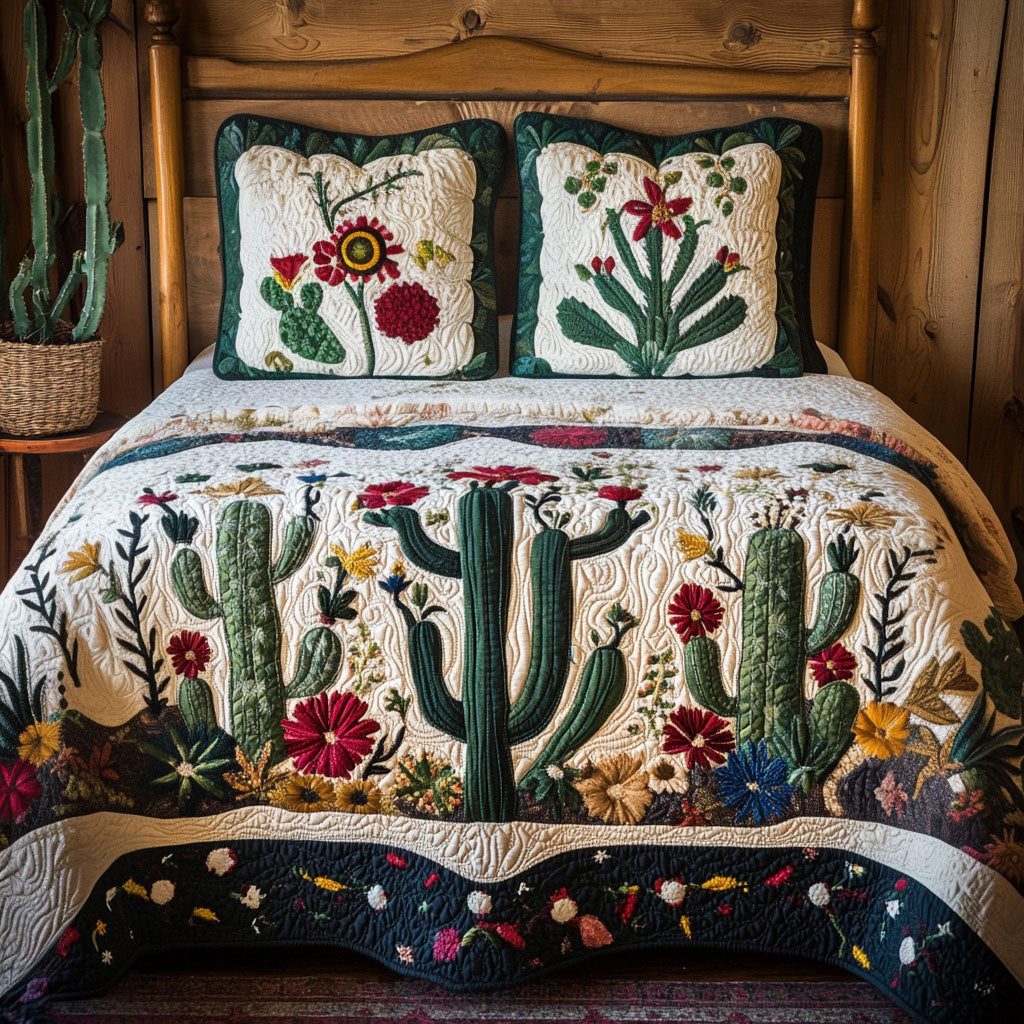 Cactus Glow quilted 3-piece bedding set on a made bed with two matching pillow shams