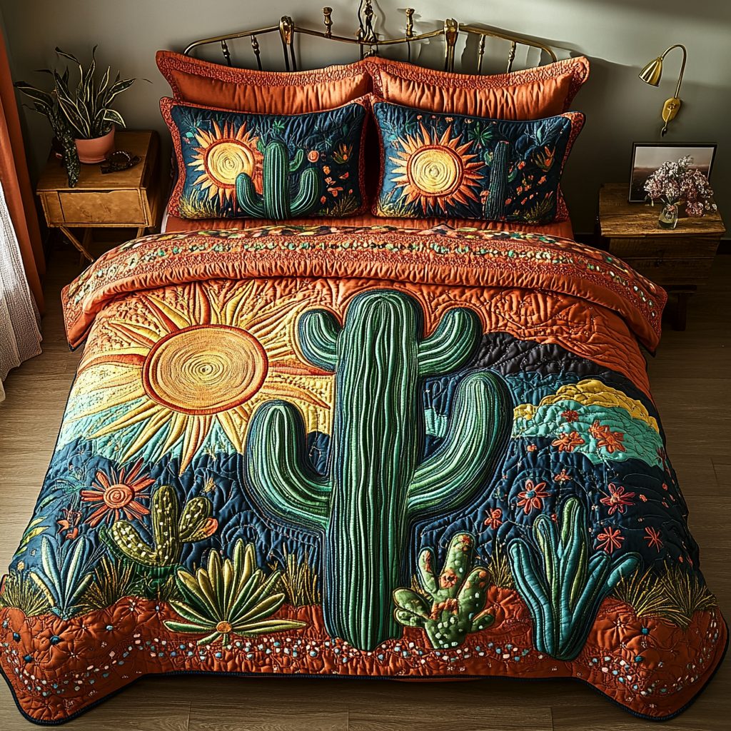 Cactus Grove quilted 3-piece bedding set on a made bed with two matching pillow shams