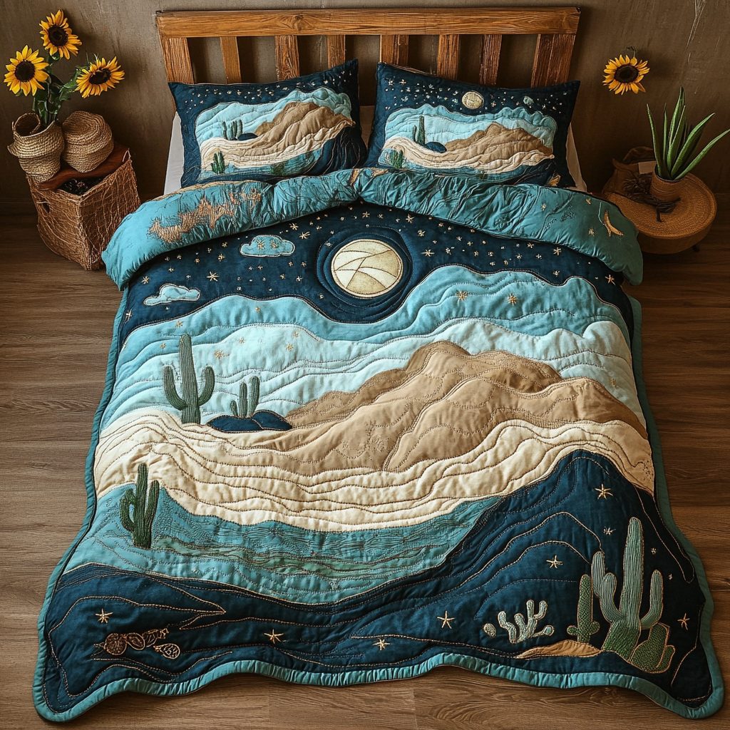 Cactus Mirage quilted 3-piece bedding set on a made bed with two matching pillow shams