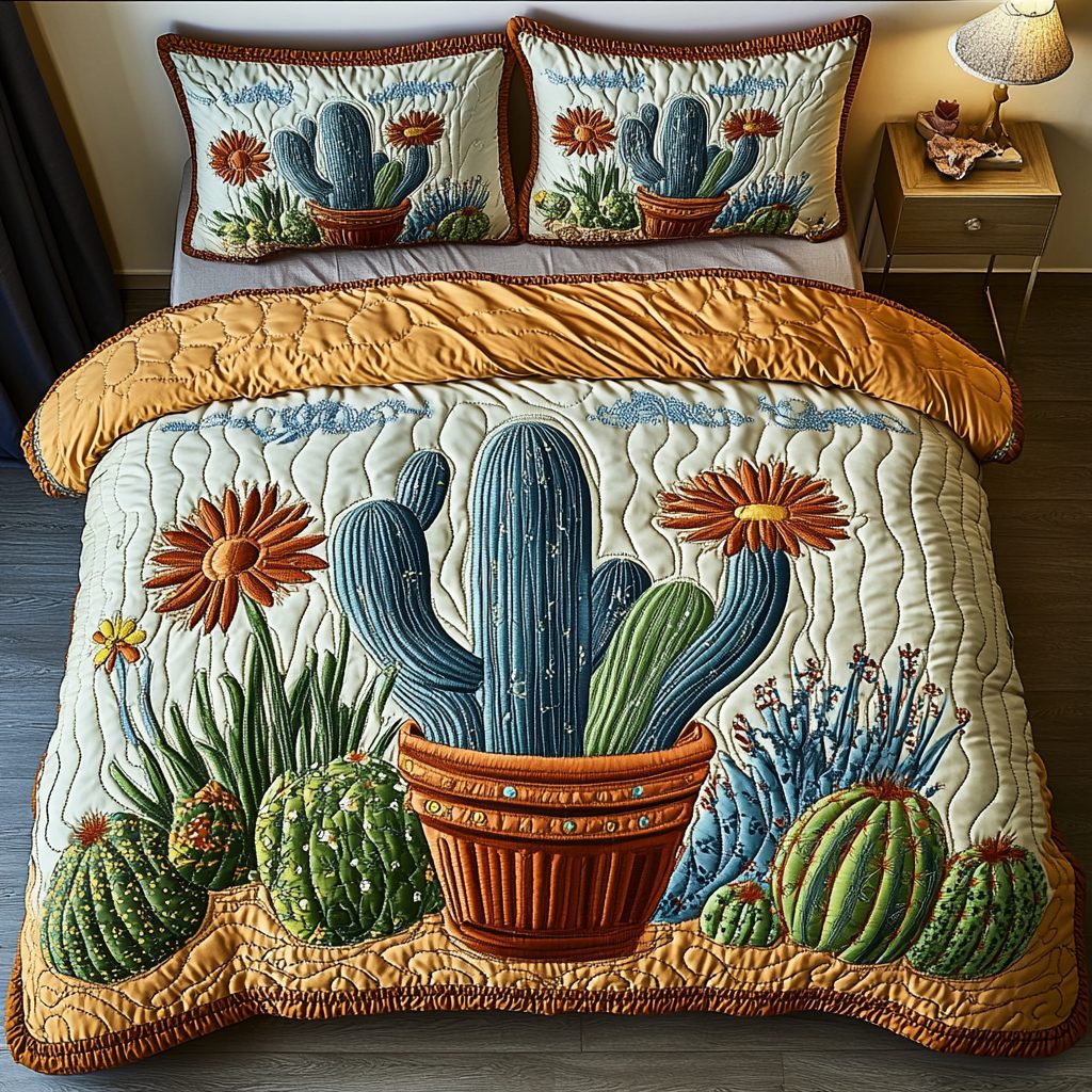 Cactus Moon quilted 3-piece bedding set on a made bed with two matching pillow shams