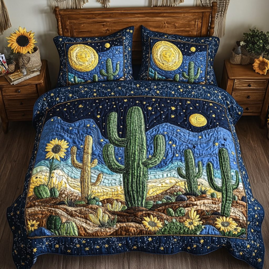 Cactus Moon quilted 3-piece bedding set on a made bed with two matching pillow shams