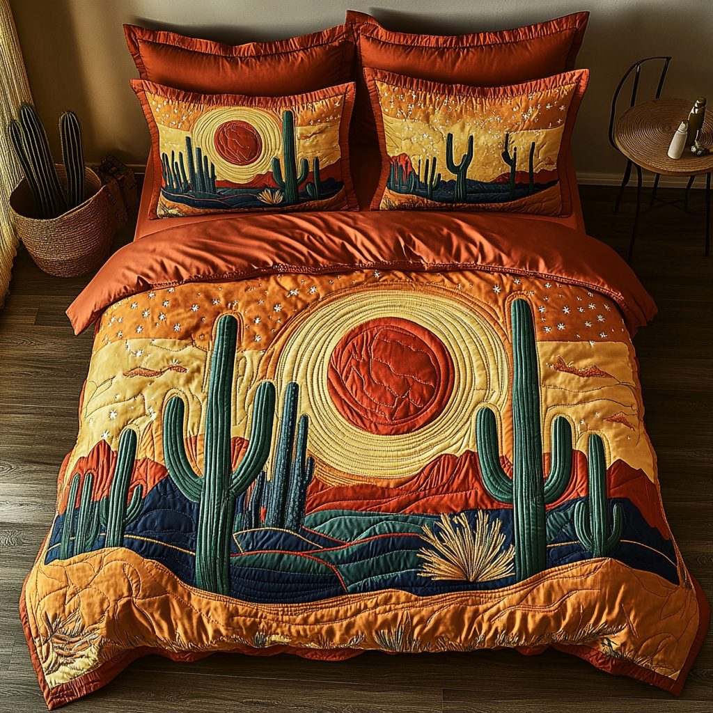 Cactus Night quilted 3-piece bedding set on a made bed with two matching pillow shams