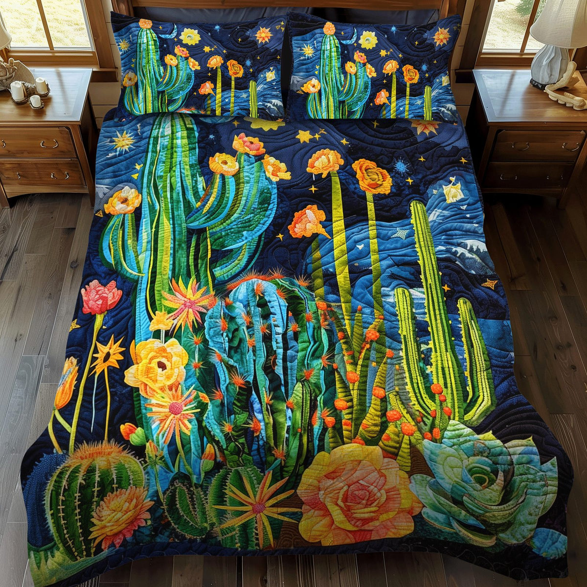 Cactus Night Sky quilted 3-piece bedding set on a made bed with two matching pillow shams