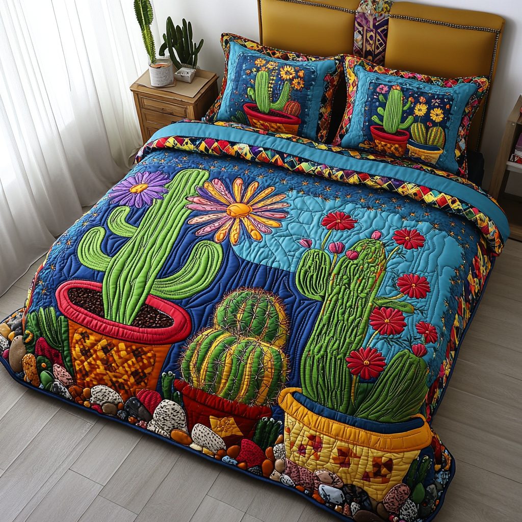 Cactus Parade quilted 3-piece bedding set on a made bed with two matching pillow shams