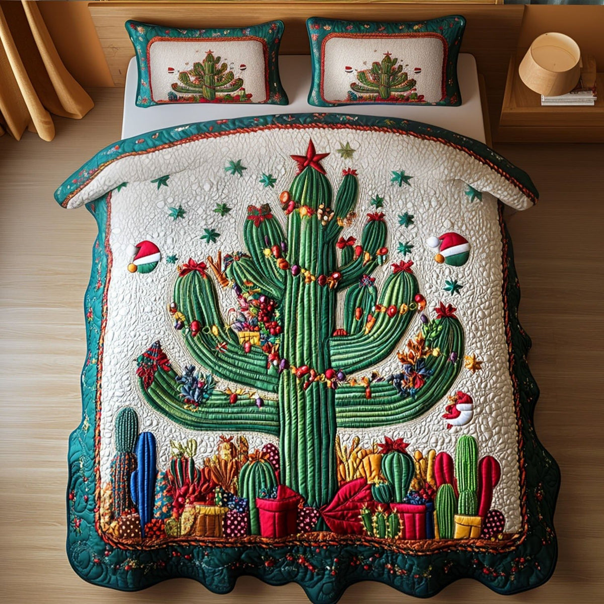 Cactus Path quilted 3-piece bedding set on a made bed with two matching pillow shams