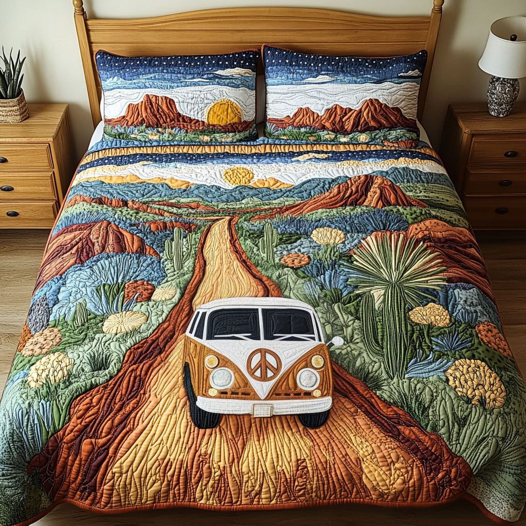 Cactus Pathway quilted 3-piece bedding set on a made bed with two matching pillow shams