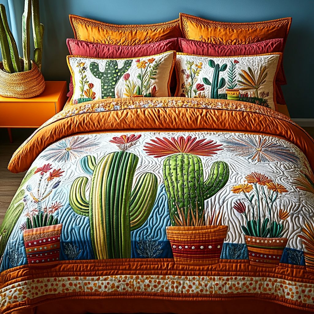 Cactus Pots quilted 3-piece bedding set on a made bed with two matching pillow shams