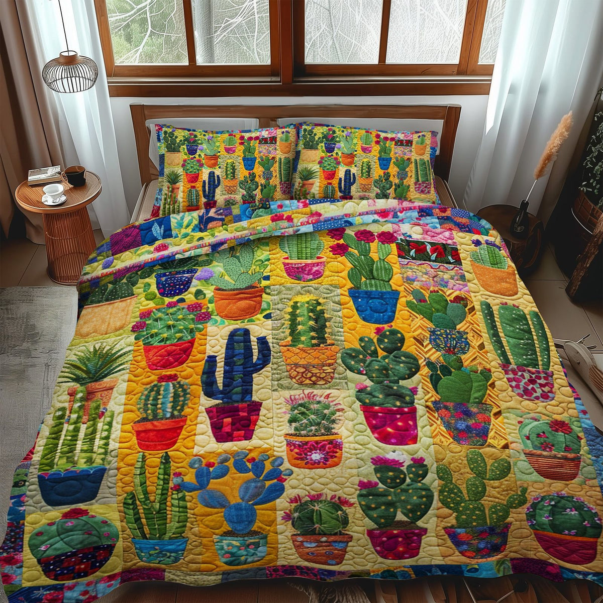Cactus quilted 3-piece bedding set on a made bed with two matching pillow shams
