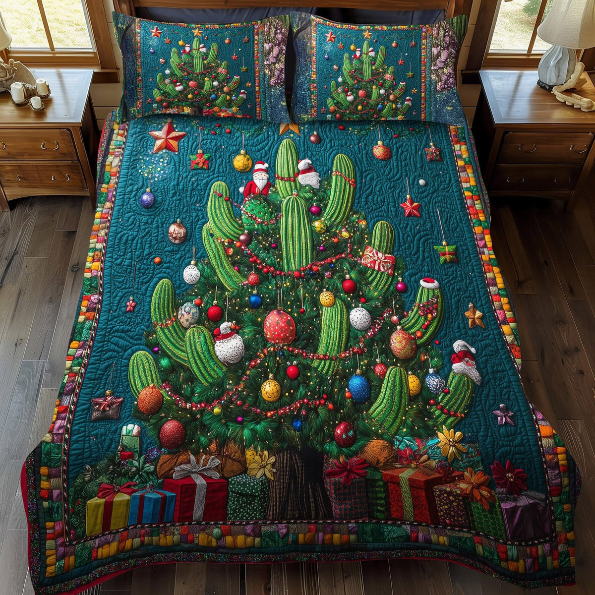 Cactus Reflections quilted 3-piece bedding set on a made bed with two matching pillow shams
