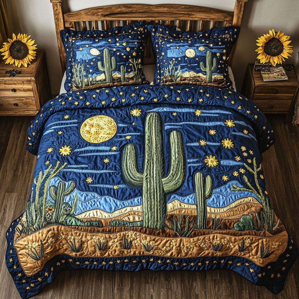 Cactus Sky quilted 3-piece bedding set on a made bed with two matching pillow shams