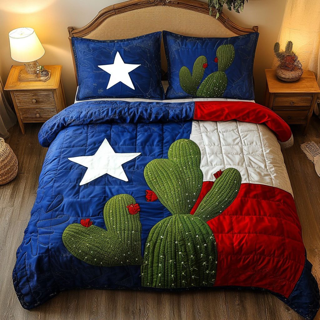 Cactus Star quilted 3-piece bedding set on a made bed with two matching pillow shams