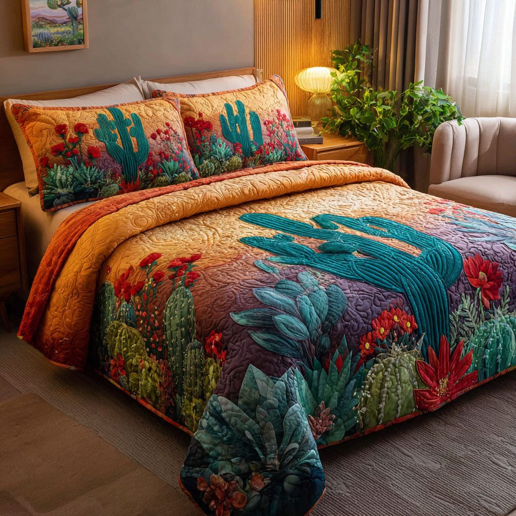 Cactus Sunset quilted 3-piece bedding set on a made bed with two matching pillow shams