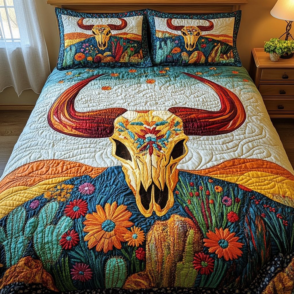 Cactus Sunset quilted 3-piece bedding set on a made bed with two matching pillow shams