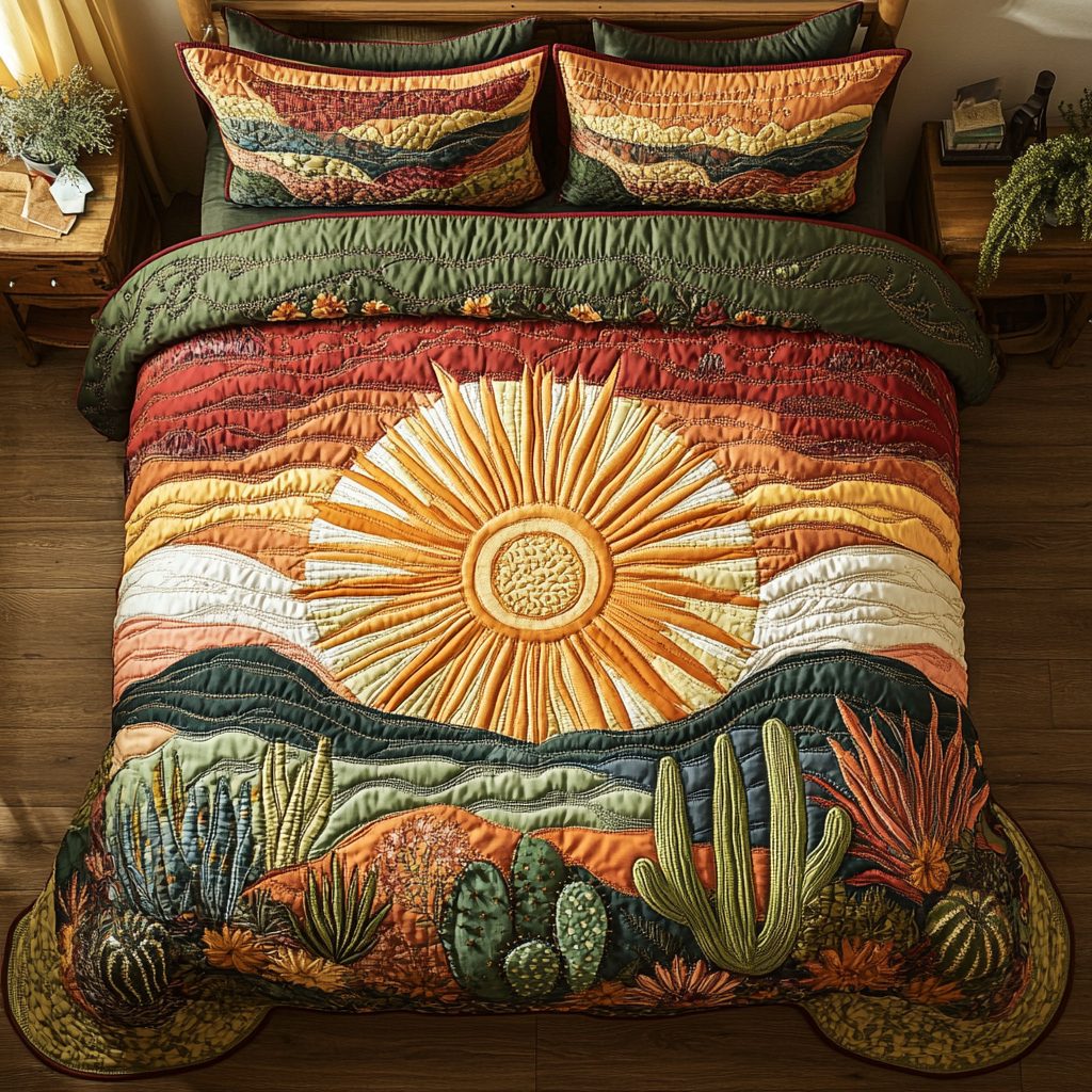 Cactus Sunset quilted 3-piece bedding set on a made bed with two matching pillow shams