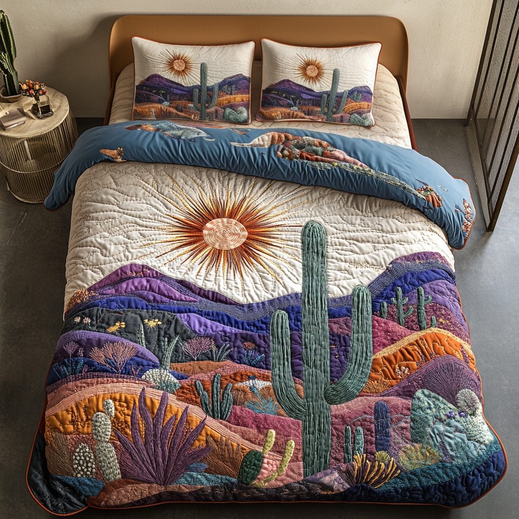 Cactus Sunset quilted 3-piece bedding set on a made bed with two matching pillow shams