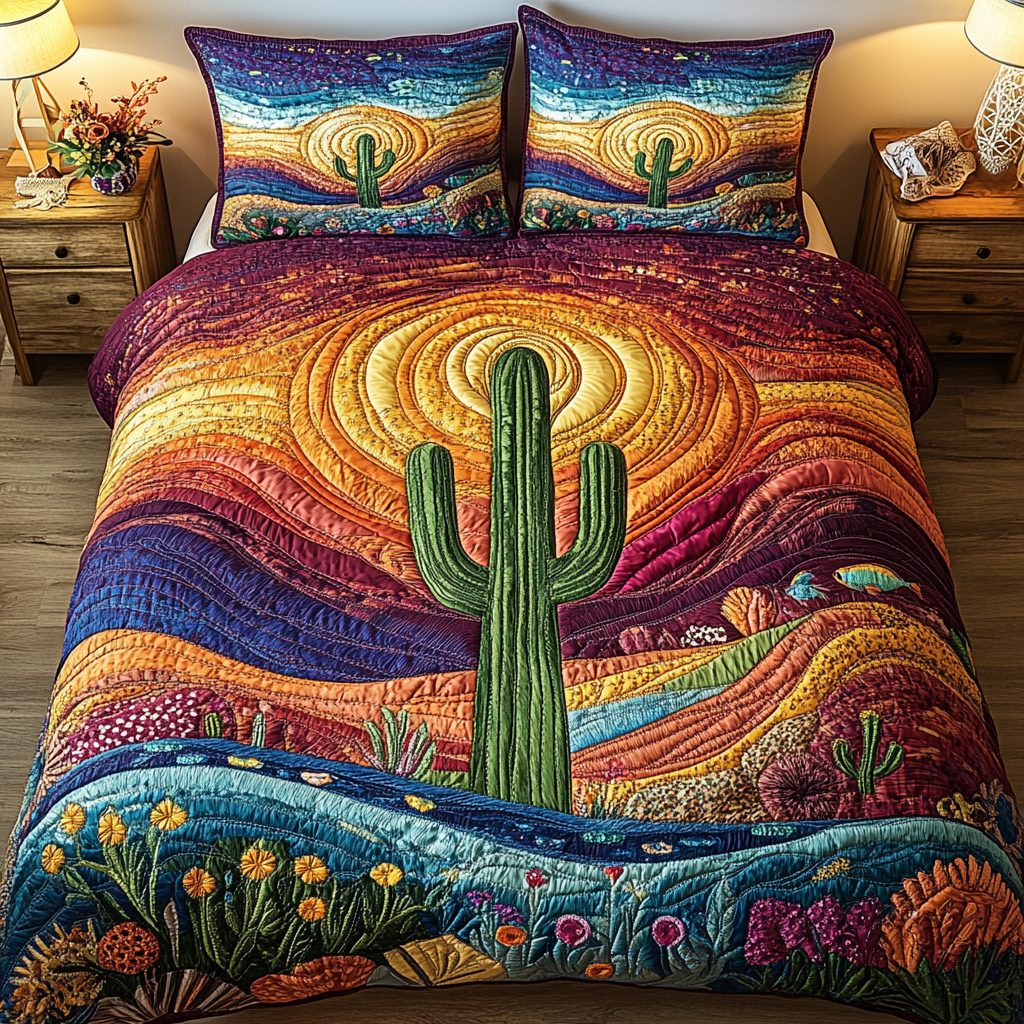 Cactus Sunset quilted 3-piece bedding set on a made bed with two matching pillow shams