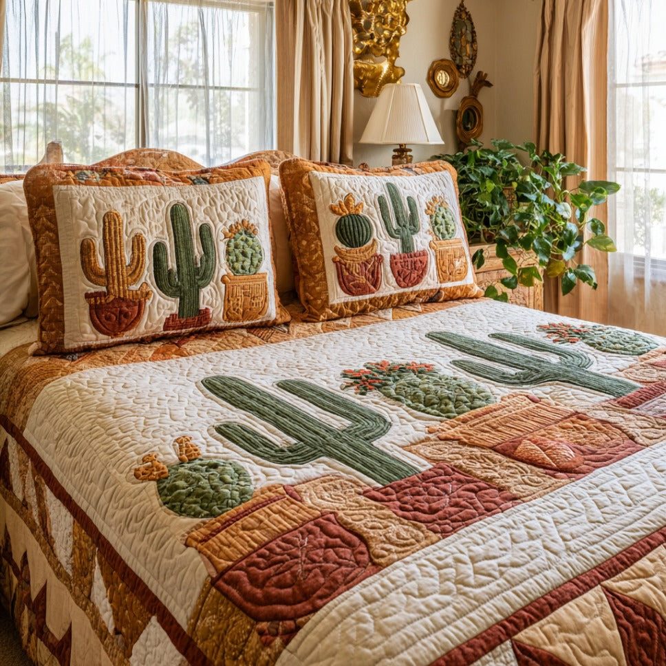 Cactus Trail quilted 3-piece bedding set on a made bed with two matching pillow shams