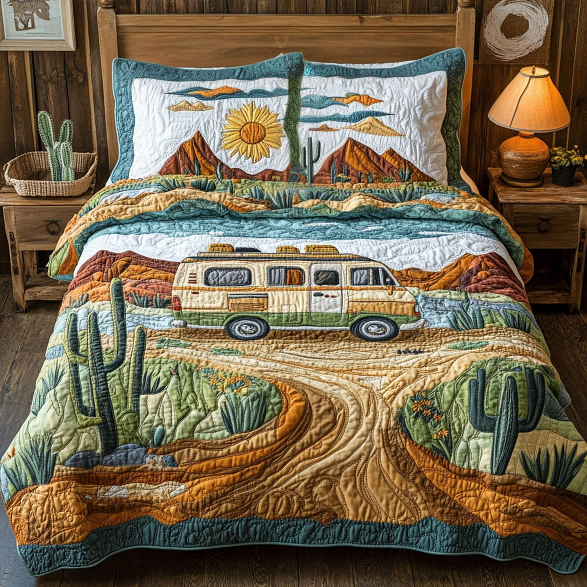 Cactus Trails quilted 3-piece bedding set on a made bed with two matching pillow shams