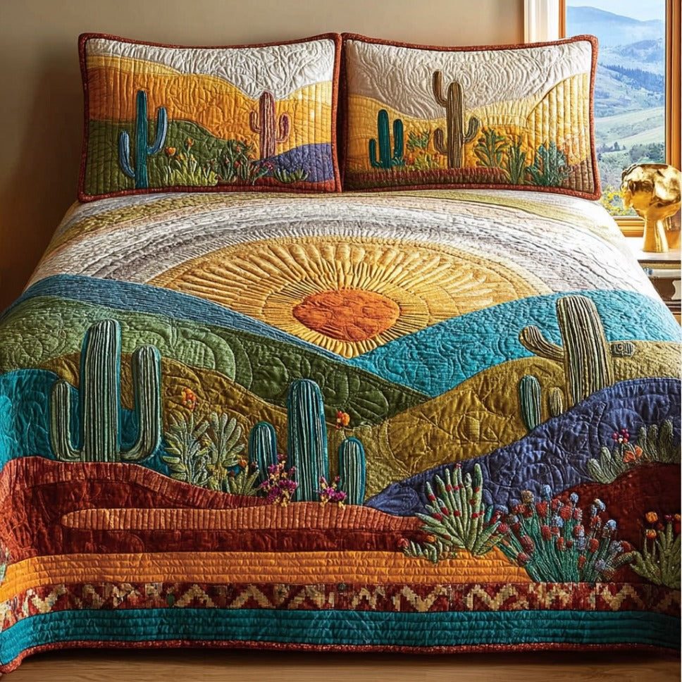 Cactus Valley quilted 3-piece bedding set on a made bed with two matching pillow shams