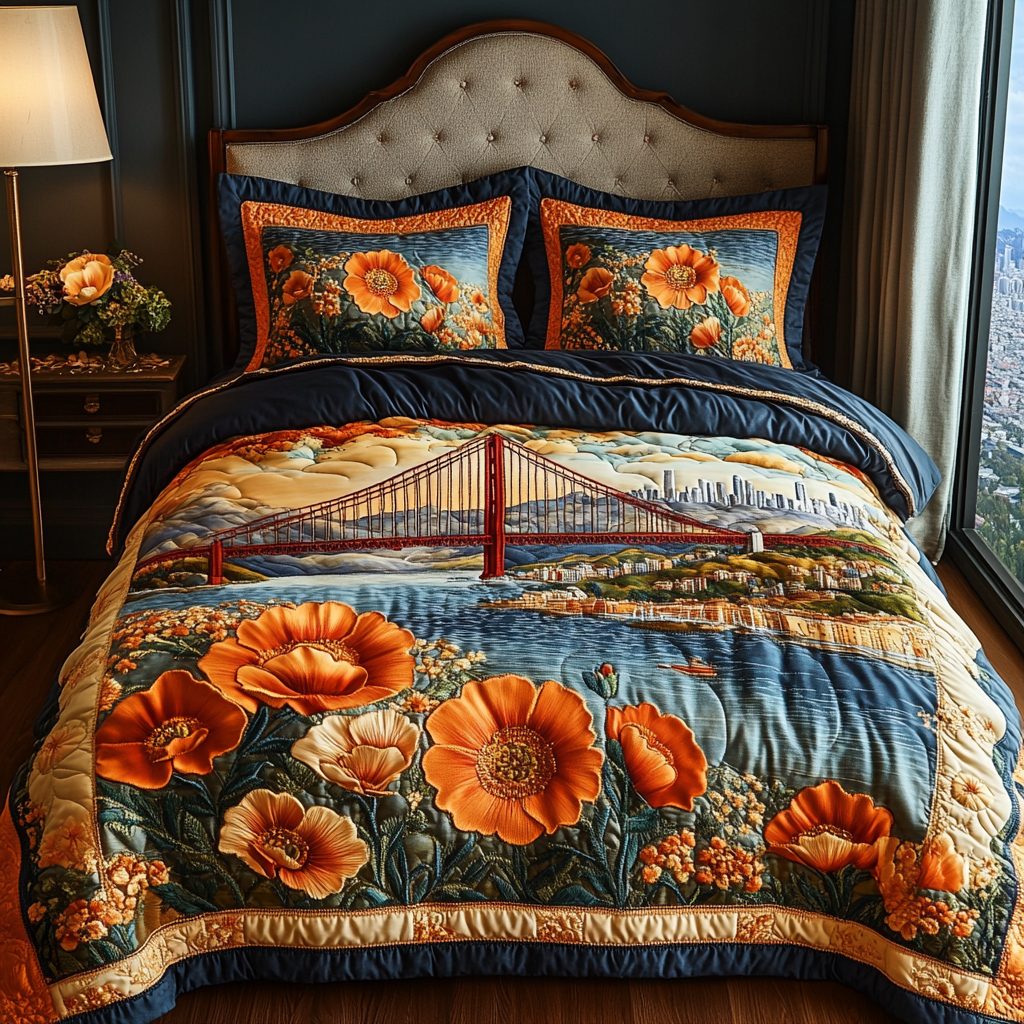 California Sunrise quilted 3-piece bedding set on a made bed with two matching pillow shams