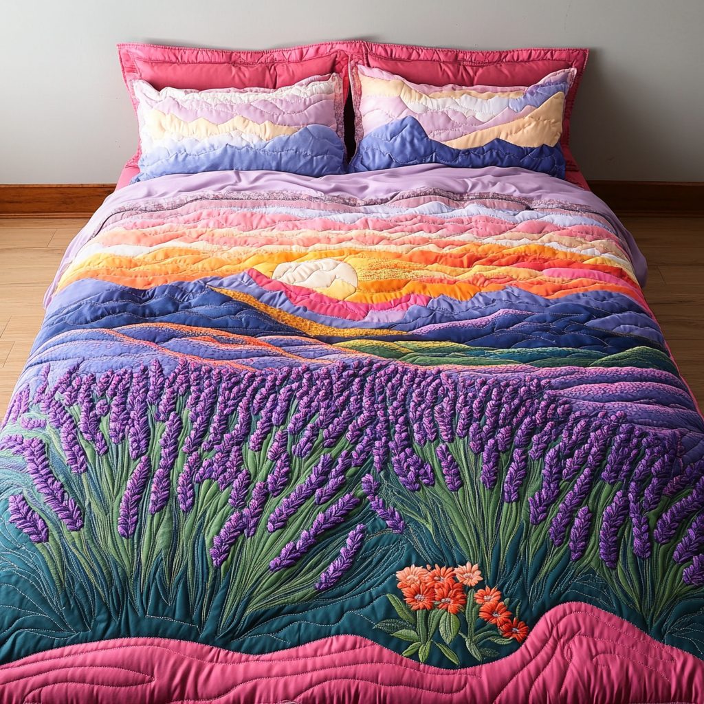 Calm Aroma quilted 3-piece bedding set on a made bed with two matching pillow shams