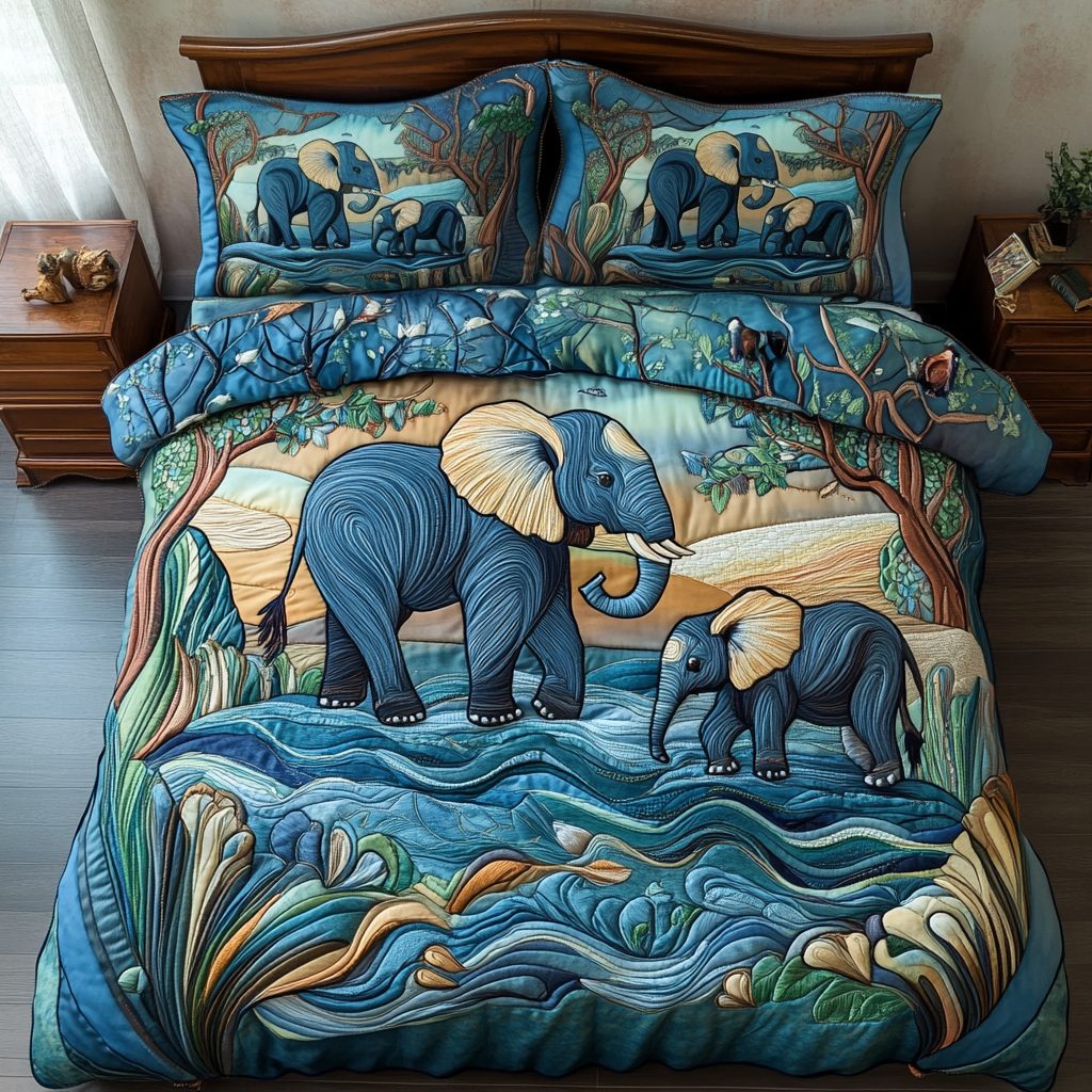 Calm Caravan quilted 3-piece bedding set on a made bed with two matching pillow shams