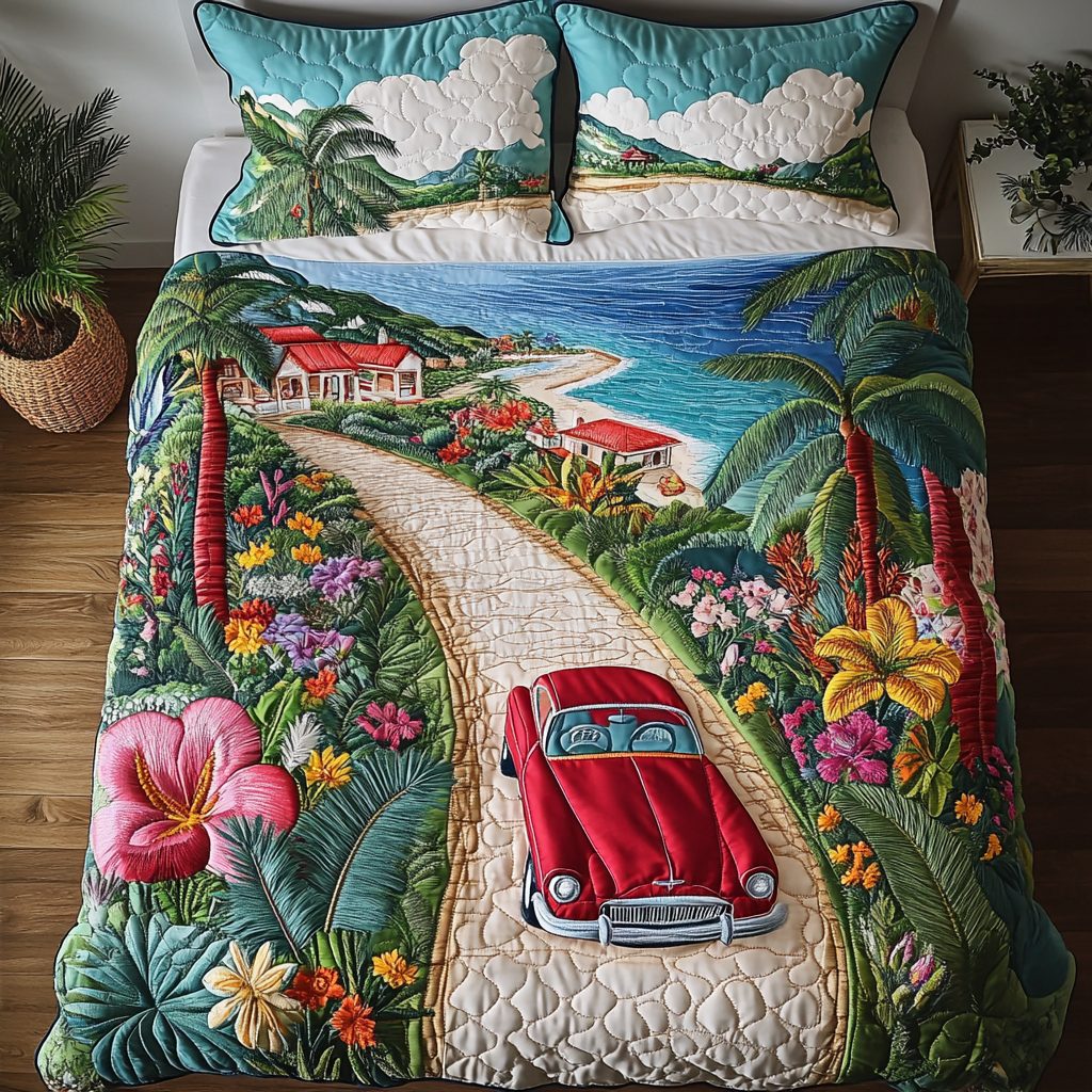 Calm Horizon quilted 3-piece bedding set on a made bed with two matching pillow shams