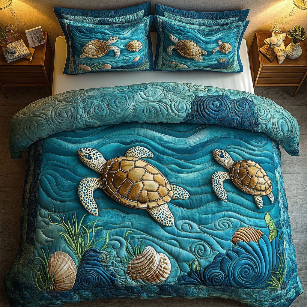 Calm Shell Serenity quilted 3-piece bedding set on a made bed in a light coastal bedroom