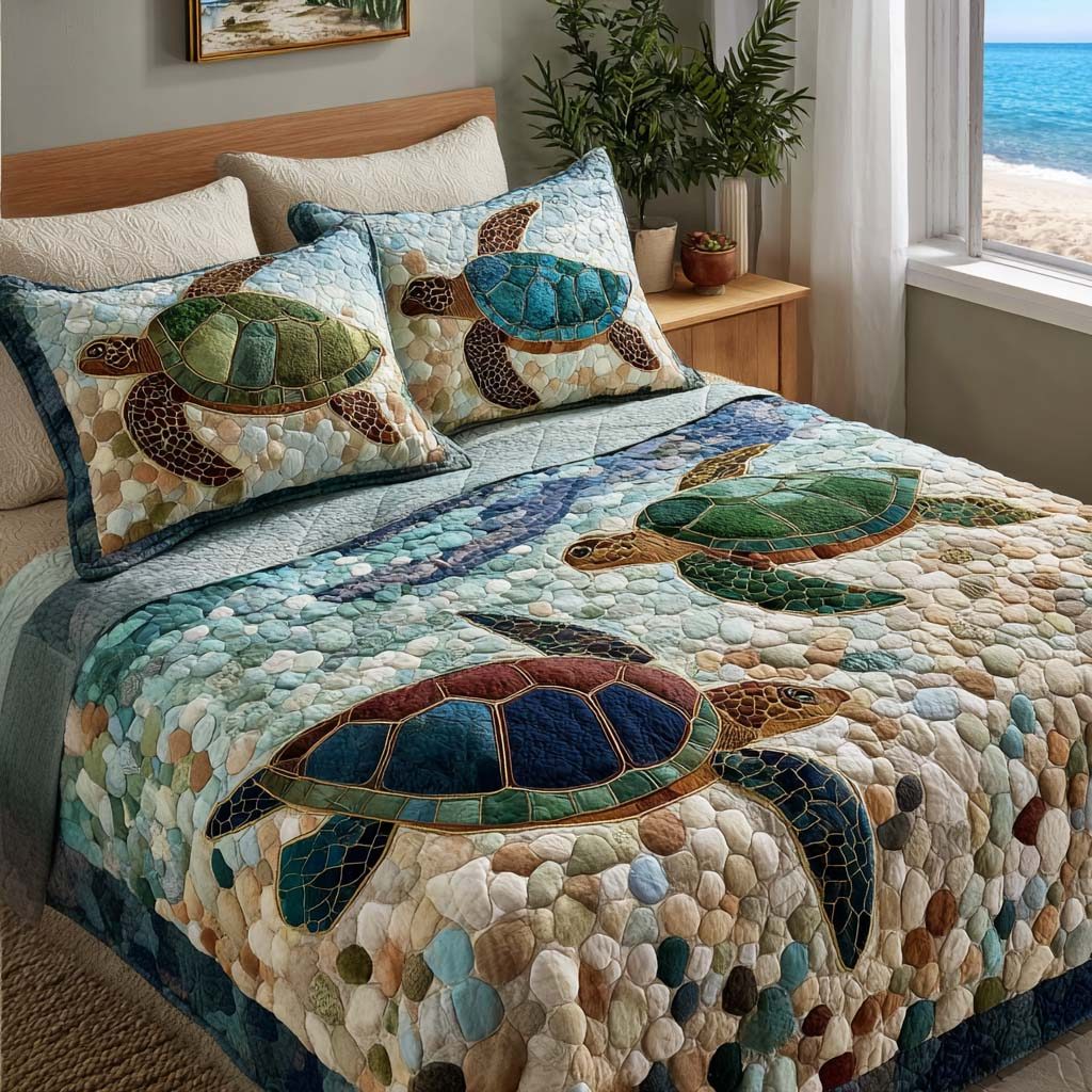 Calm Shells quilted 3-piece bedding set on a made bed in a light coastal bedroom