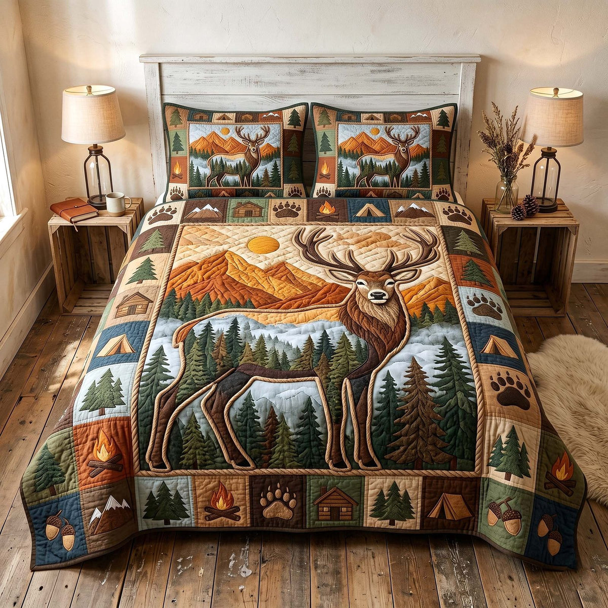 Camp Escape quilted 3-piece bedding set on a made bed with two matching pillow shams
